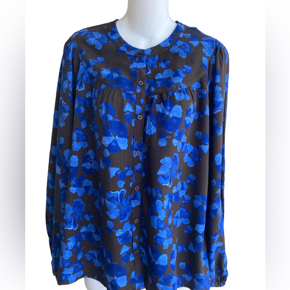 NWT A New Day Brown/Blue Floral Button Down Long Sleeve Flowy Top Blouse Small